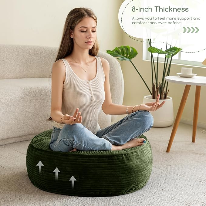 8" Washable Floor Pillow Cushion for Adults, Meditation Cushion Pillow, Large Round Floor Sitting, Removable Tufted Corduroy Cover, for Tatami Living Room or Yoga, 22x22 Inch, Machine Washable