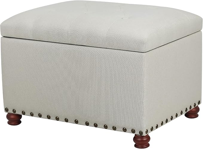 Joveco Storage Ottoman Linen Button Tufted Bench with Rivet, Rectangular Footrest Stool Coffee Table Seat for Living Room Bedroom, Off White