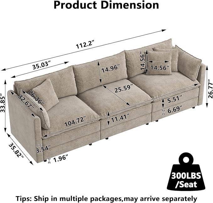 Aoowow Modular Sectional Sofa,112.2 Inch Modern Deep 3-Seater Sofas Comfy Chenille Cloud Sofas and Couches with Pillows for Living Room Apartment（Camel）