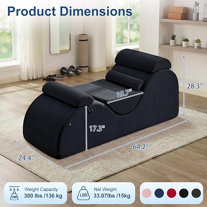 Yoga Chaise Lounge Chair, S-Shaped Floor Sofa with Moveable Headrest, Lumbar Pillow, Support Cushion, Footrest, Non-Slip Base, No-Assembly Lounger for Stretching, Meditation & Relaxation (Black)