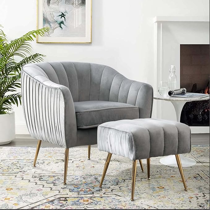 Altrobene Velvet Accent Chair, Modern Barrel Chair, Living Room Bedroom Arm Chairs, Golden Finished, Grey