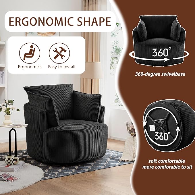 Chorlenimi Swivel Accent Chair Round Barrel Armchair Upholstered Living Room Chair Corduroy Reading Chair Single Sofa Chair for Bedroom Apartment Office (Black, Standard 1Seater)