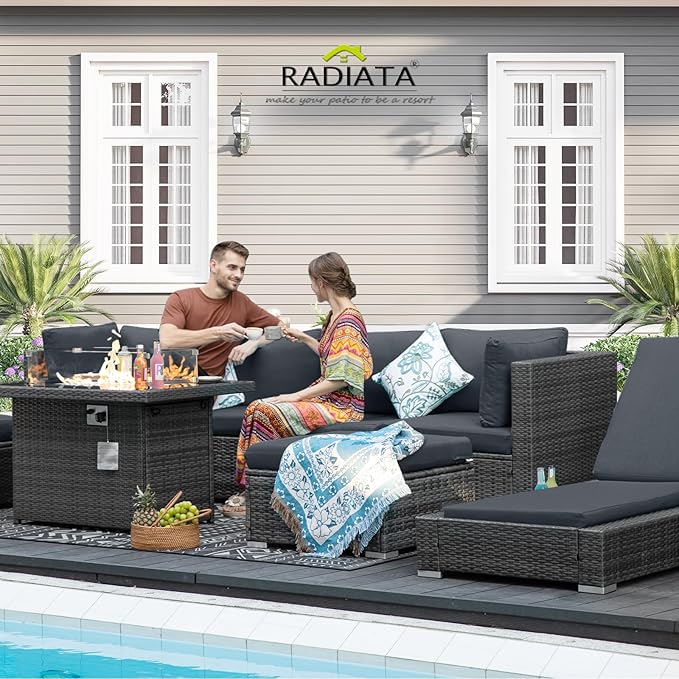 RADIATA 9 Piece Wicker Patio Furniture Set with Fire Pit, All-Weather Outdoor Sectional Couch High Back Large Size, Modular Backyard Seating Sofa Set with Propane/Natural Gas Firepit Table, Dark Grey