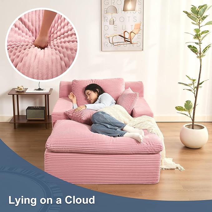 63" Oversized Boneless Chaise Lounge Chair, Extra Cloud Layer, Convertible Sleeper Sofa Couch with Removable Pillows & Side Pockets, Corduroy Upholstered Sofa Bed with Armrests for Living Room, Pink