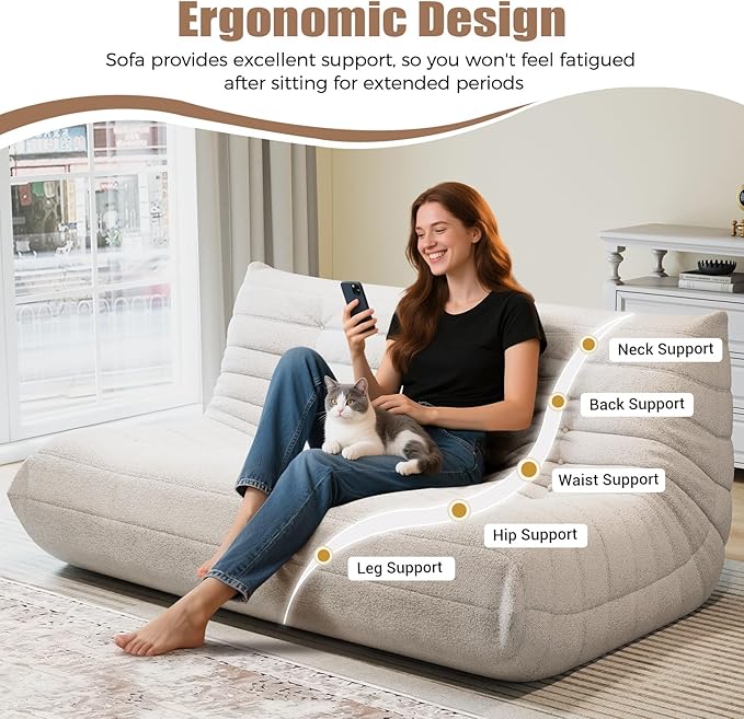 Selyteramy 3 Seat Oversized Bean Bag Chairs for Adults, Memory Foam Fireside Beanbag Couch, Comfy Bean Bag Lounger Lazy Sofa for Living Room, Bedroom, Playroom, White
