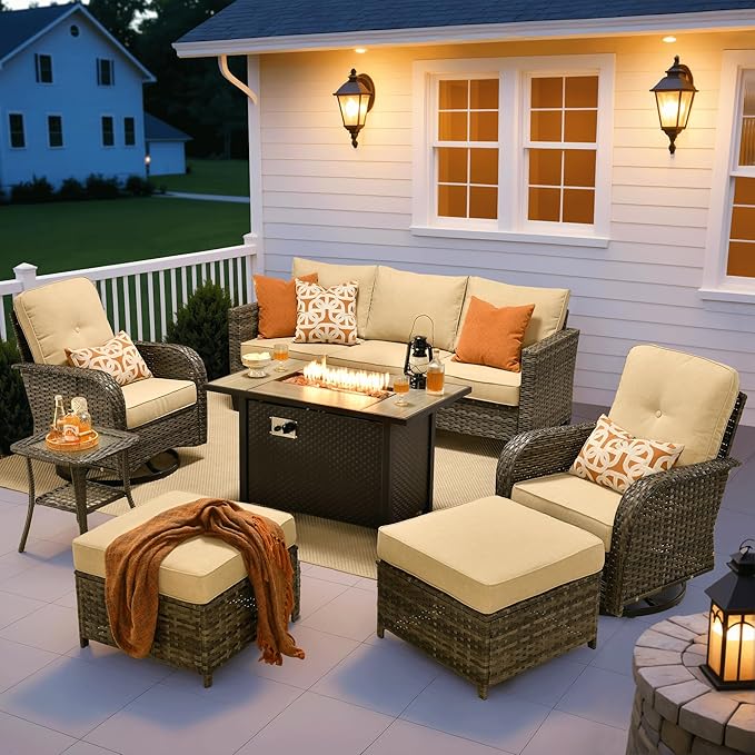 ovios 7 Pieces Patio Furniture Set, Outdoor Wicker Sofa Couch with Rocking Swivel Chairs Fire Pit Table, Modern Deep Seat Rattan Conversation Sets for Deck Porch, Beige