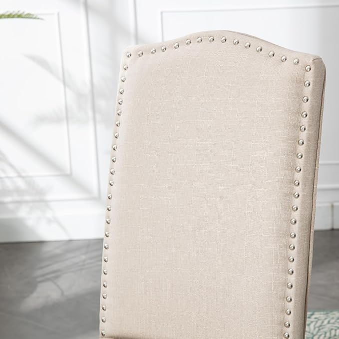 SNUGWAY Upholstered Dining Chair Stylish Parsons Kitchen High Back with Silver Nailhead Trim & Wood Legs, 2-Pack, Fabric Beige