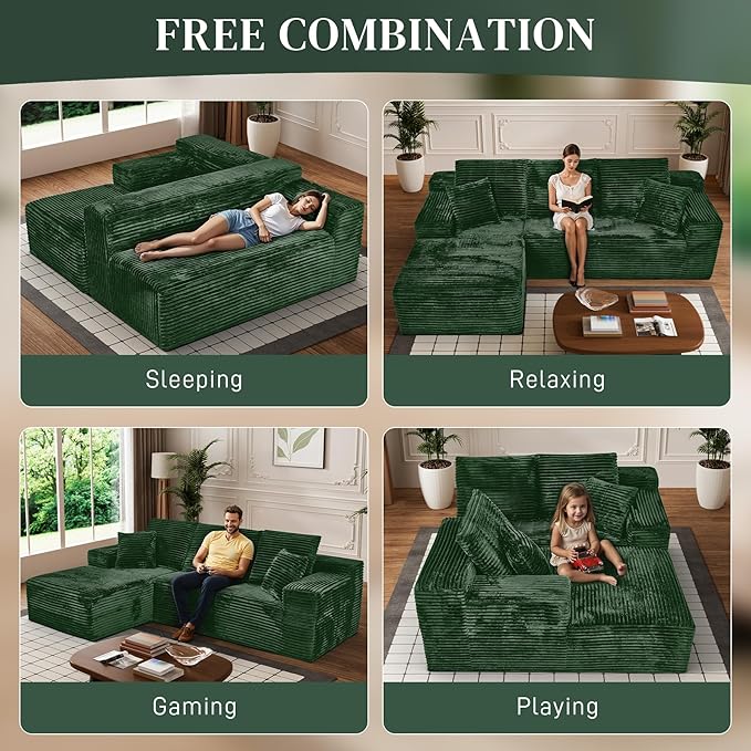 Modular Sectional Sofa Cloud Sectional Couch, 107" Comfy Fluffy L Shaped Green Couches for Living Room, Deep Seat Memory Foam Plush Corduroy Boneless Couch Sectionals with Left Facing Chaise Sofa