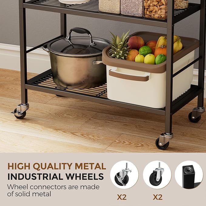 XIVIRACK 5-Tier Metal Storage Rack with Industrial Wheels,Mesh Shelving Unit with Wooden Table top,Adjustable Shelf,23.6-Inch Width,for Kitchen, Laundry,Pantry,Plant,Black