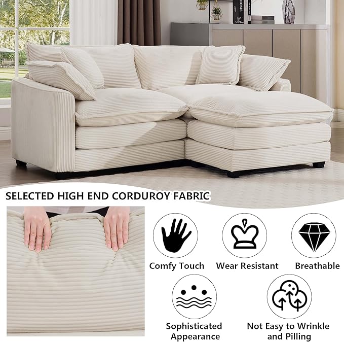 Aoowow Corduroy Loveseat Couch with Ottoman,Modern 2 Seater Cloud Couches for Living Room,Modular Sectional Cloud Sofas Deep Seat,Large L-Shaped Couch for Small Spaces (Beige, 2 Seater + 1 Ottoman)