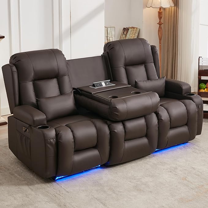 URRED Loveseat Recliner Sofa with Massage and Heat, Flip Middle Backrest Design 3 Seat Power Reclining RV Sofa Couch, Home Theater Seating with LED Lights, USB Ports, Outlets, Faux Leather, Dark Brown