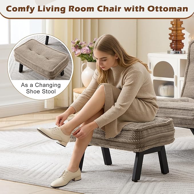 ANJ Accent Chair with Ottoman Adjustable Backrest, Living Room Chair Tufted Upholstered Lounge Chair with Footrest Set, Modern Chair Cozy Reclining Chair for Reading Room Bedroom