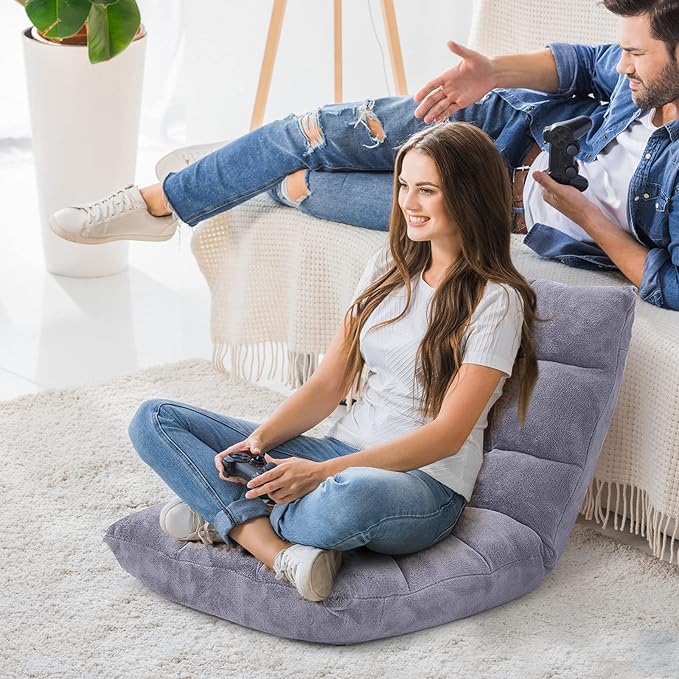 COSTWAY Floor Chair, Video Gaming Chairs with Back Support, Adjustable 14-Position, Alloy Steel Frame, Soft Coral Fleece, Lazy Sofa Lounge for Reading Living Room Recliner for Adults Kids, Grey