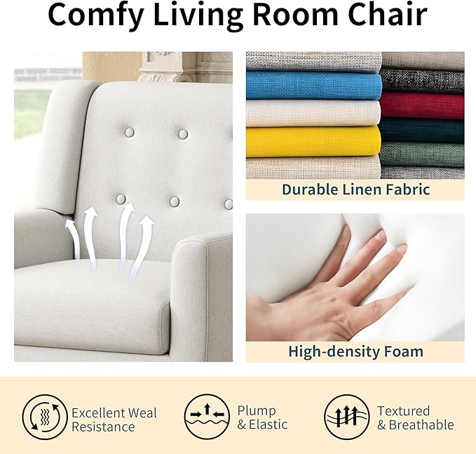 Accent Chairs, Mid-Century Modern Upholstered Living Room Armchair, Comfy Oversized Linen Fabric Single Reading Arm Chair with Tufted Back and Wood Legs for Bedroom, Club (1, Beige)