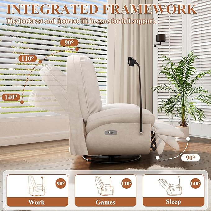 Power Recliner Chair - Reclining Sofa with USB Charging 270° Rocking 330 lbs Capacity Snow Velvet Fabric Rocker Recliner for Adults & Elderly Glider Rocking Chair for Living Room and Bedroom
