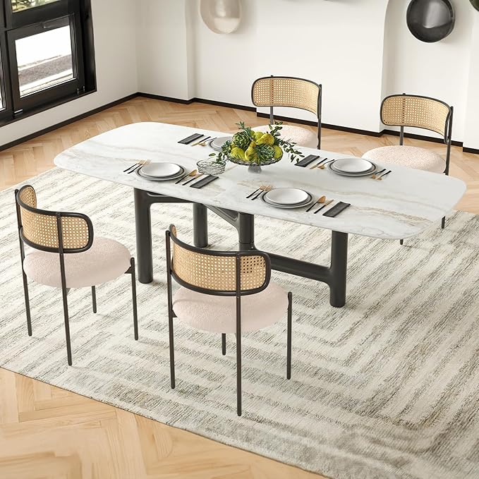 Farini Dining Chairs Set of 2,Mid-Century Modern Kitchen Chair Rattan Backrest Round Upholstered Sherpa Dining Chairs with Metal Legs,Light Brown