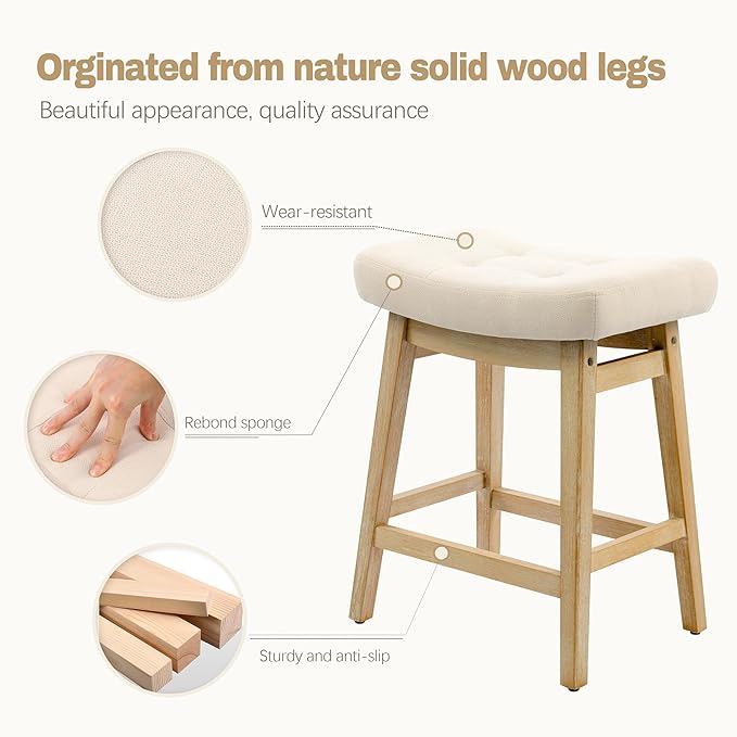 RNKSFX Counter Height Bar Stool for Kitchen Counter Modern Backless Barstool with Upholstered Fabric Seat and Solid Wood Leg Farmhouse 24 inch Bar Chair, Khaki + Wood Color, 1pc