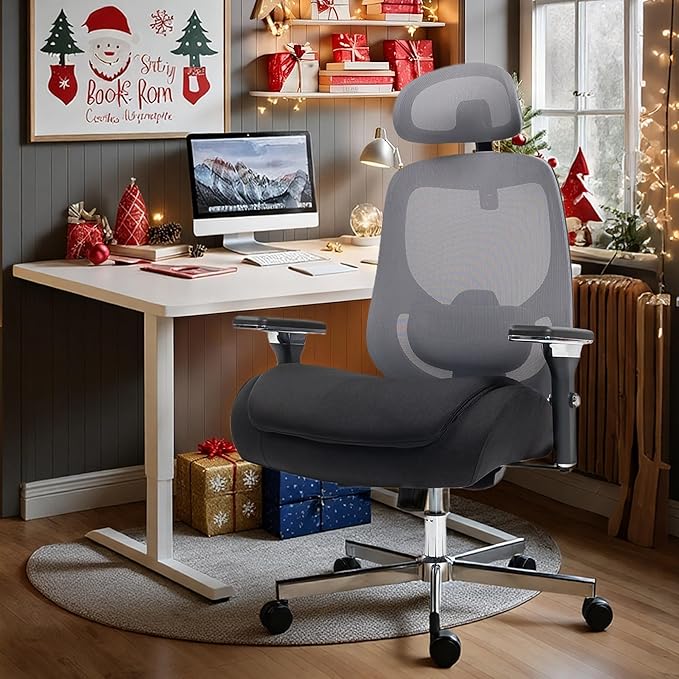 750 LBS Big and Tall Office Chair, Heavy Duty Executive Chair w/4D Arms, Ergonomic Computer Home Desk Chair, Swivel Mesh Chair w/2D Lumbar Support, Adjustable Headrest, Tilt Lock-Black and Grey