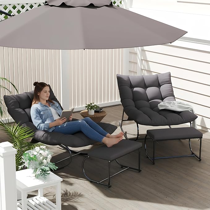 DAYAOUTDOOR 2 Piece Outdoor Rocking Chairs with Ottoman, Patio Oversized Rocking Egg Chair with Cushion, Papasan Chair Set of 2 for Outside, Outdoor Padded Chairs, Grey
