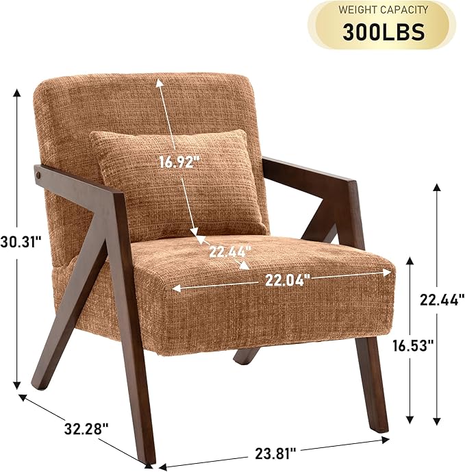 Mid-Century Modern Accent Chair with Solid Wood Frame，Upholstered Chenille Living Room Arm Chairs with Pillow for Bedroom, Living Room, Reading Room, Balcony, Brown