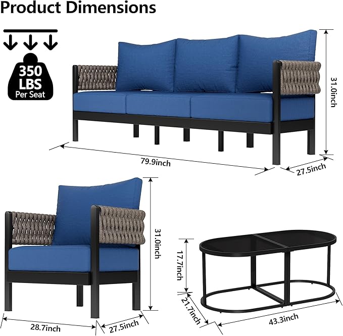 RTDTD Aluminum Patio Furniture Set,7 Pieces HDPE Rope Patio Conversation Sets with Modular Coffee Table,Metal Outdoor Sectional Furniture w/5.9" Thick Cushions for Porch,Deck,Backyard,Navy Blue