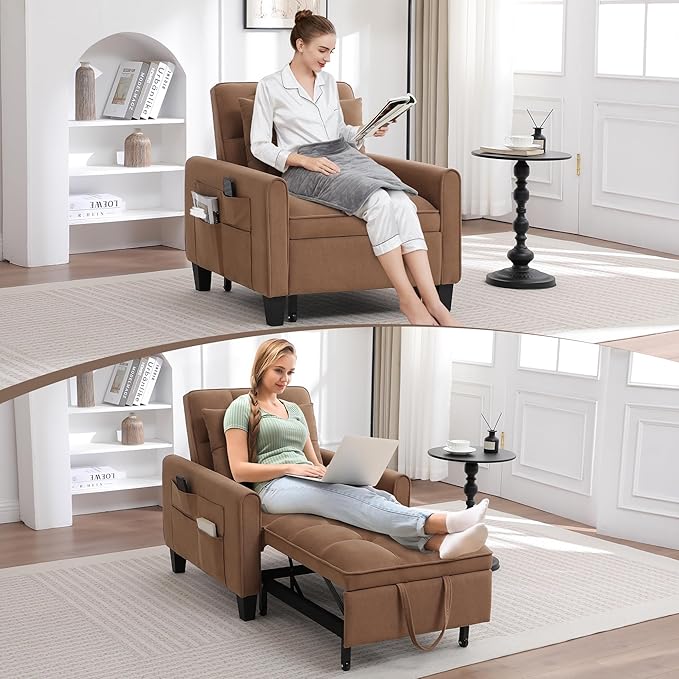 choairy Convertible Sleeper Chair, 3 in 1 Sleeper Chair Bed Pull Out Sofa Bed Chairs, Single Sofa Beds with Adjustable Backrest for Adults Reading Living Room, Bedroom, Velvet Brown