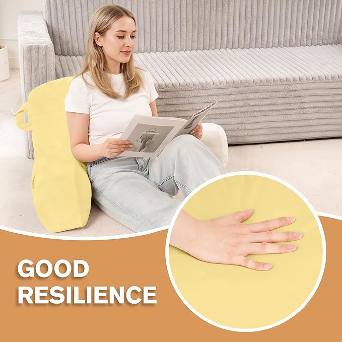 Unisakey Portable Comfy Reading Pillows for Bed Sitting Up(Yellow Oeko-Tex), Velvet Back Pillow with Arms & Pockets for Adults, Support Memory Foam Bed Pillow for Dorm/Reading/Watching/Gaming
