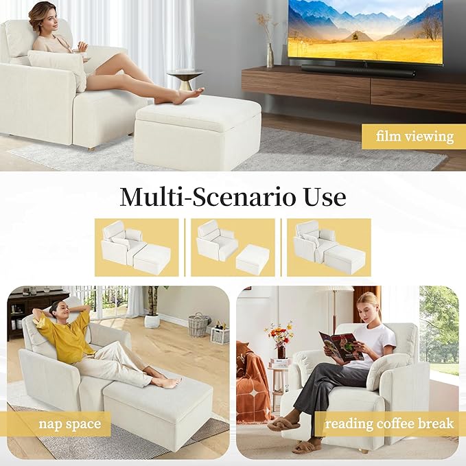 QKFF Modern Oversized Accent Chair with Storage Ottoman & Side Pillows, Snowflake Fleece Upholstered Chaise Lounge Chair, Deep Seat Reading Chair for Living Room, 350lbs Capacity