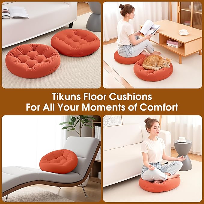 Floor Pillows for Adults, Meditation Cushions, Large Round Sitting Cushion Living Room Memory Foam Pillow for Sitting (1, Orange, 22x22x6 Inch)