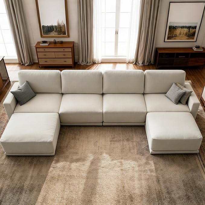 CAPCAPA 146" Modular Sectional Couches for Living Room, U-Shaped Modern Sofa with Ottomans, 6-Piece Chenille Sofa Set for Home Furniture, Beige
