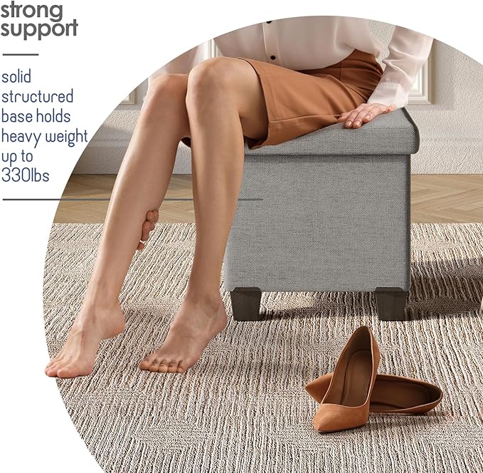 Storage Ottoman Cube with Small Bin, 16-in Square Ottoman with Storage for Living Room and Bedroom, Small Ottomans Foot Rest, Fabric Foot Stools Ottomans Max 330lbs, Light Grey