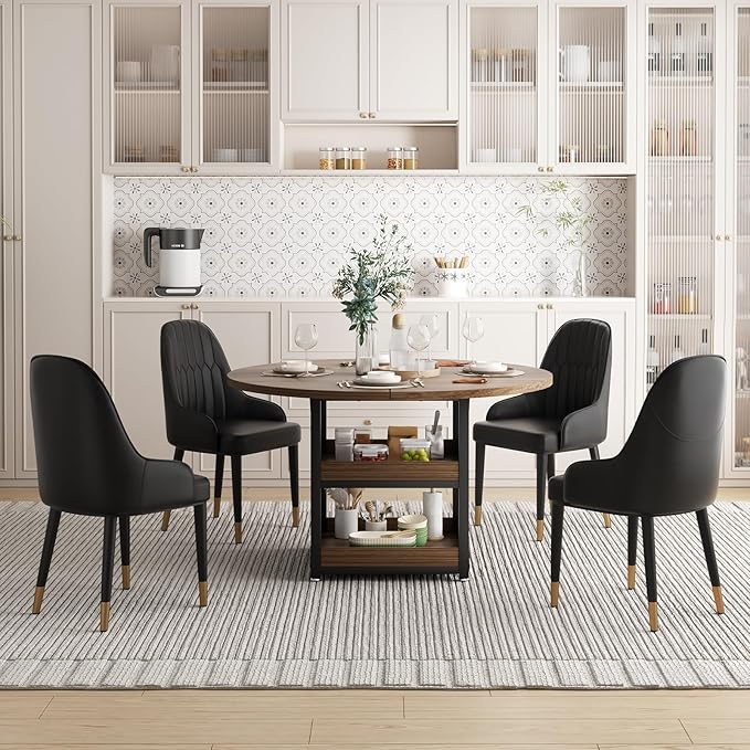 5-Piece Round Dining Table Set for 4 with Storage, Kitchen Table with 4 PU Leather Chairs, Space Saving for Breakfast Nook, Dinette, Dining Room (Boxwood Dining Table-4 Black Chairs)