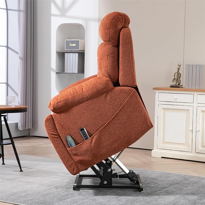 4-Motor Power Lift Recliner Chair for Elderly, Oversized Lay Flat Recliner with Heat and Massage, Adjustable Headrest Lumbar Heat Hidden Cup Holder for Big Man 400lbs (Orange Chenille)