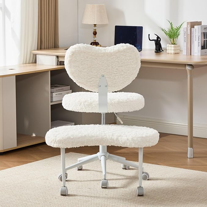 Tomofcessn Cross Legged Chair with Footrest, Plus Size Criss Cross Office Chair, Memory Foam Cushion, Armless Swivel Desk Chair with Wheels, Active Sitting for Home Office,Artificial Rabbit Fur