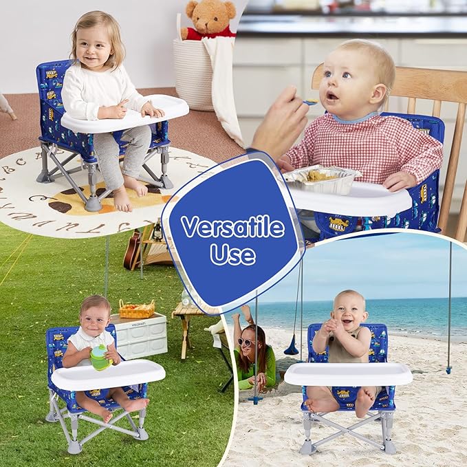 Furmubei Portable Baby Booster Seat with Tray, Toddler Booster seat for Dining, Camping, Travel, Baby Beach Chair 6 Months to 3 Years Old Indoor Outdoor Use CH2406