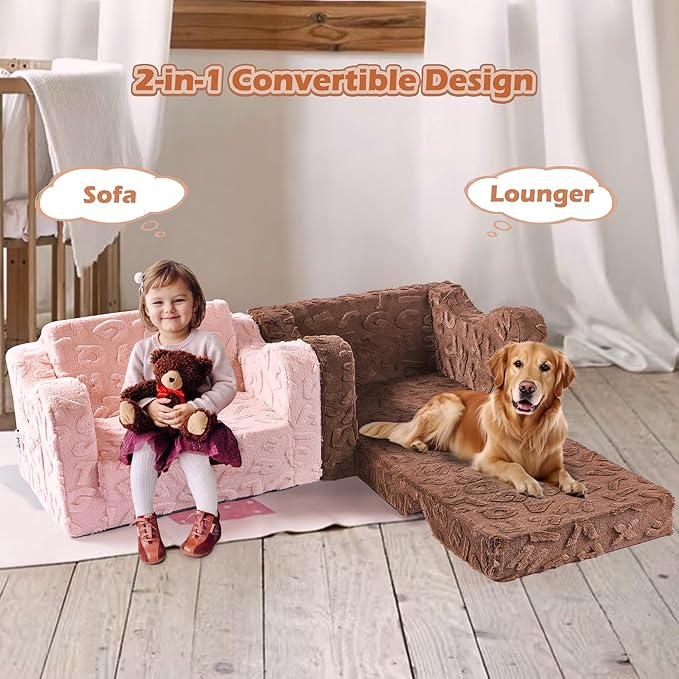 KokoSelene Toddler Couch, 2-in-1 Convertible Kids Chair to Lounger Bed, Baby Sofa for Toddler Boys Girls, Ideal for Reading Gaming Playing Decor (Pink)