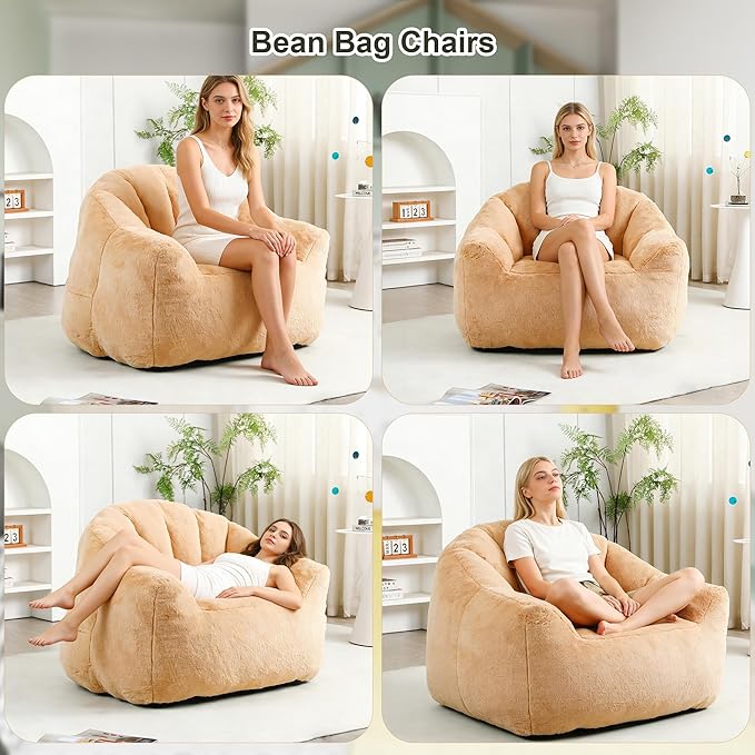 Bean Bag Chair, Bean Bag Couch for Adults and Kids, Comfy Shell-Shaped Chair with Filler Armrests Stuffed High-Density Foam Stuffed Sofa Lounge Floor Sofa for Bedroom,Gaming, Reading,Orange