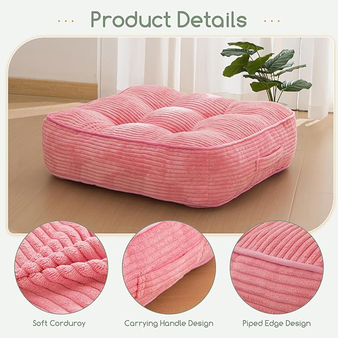 6" Washable Floor Pillow Cushion for Adults, Meditation Cushion Pillow, Large Square Floor Sitting, Removable Tufted Corduroy Cover, for Tatami Living Room or Yoga, 22x22 Inch, 2Pack, Machine Washable
