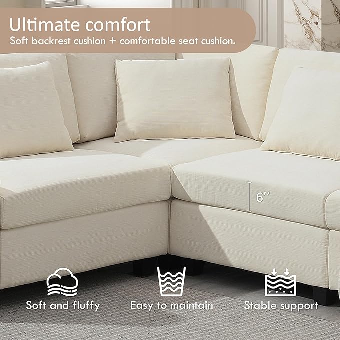 Furnimart 128" U Shaped Sectional Sofa, 5 Seat Chenille Couch Set with Oversized Chaise Lounge, Hidden Armrest Storage and Cup Holders, USB Charging Ports, Deep Seat Sofa for Living Room, Beige