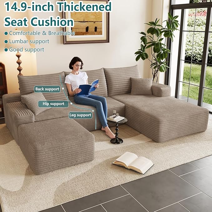 95" U-Shape Cloud Couch, Modern Modular Sectional L-Shape Sofa with Ottoman, Corduroy Upholstered Couches Deep Seat Sleeper Chaise Longue for Living Room, No Assembly Required(Camel, Right Facing)