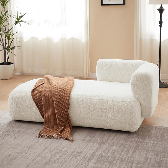 ZEKOKO Modern Boucle Chaise Lounge Chair, Indoor Living Room Furniture, Curved Design, Cream White (Left Hand, Cream)