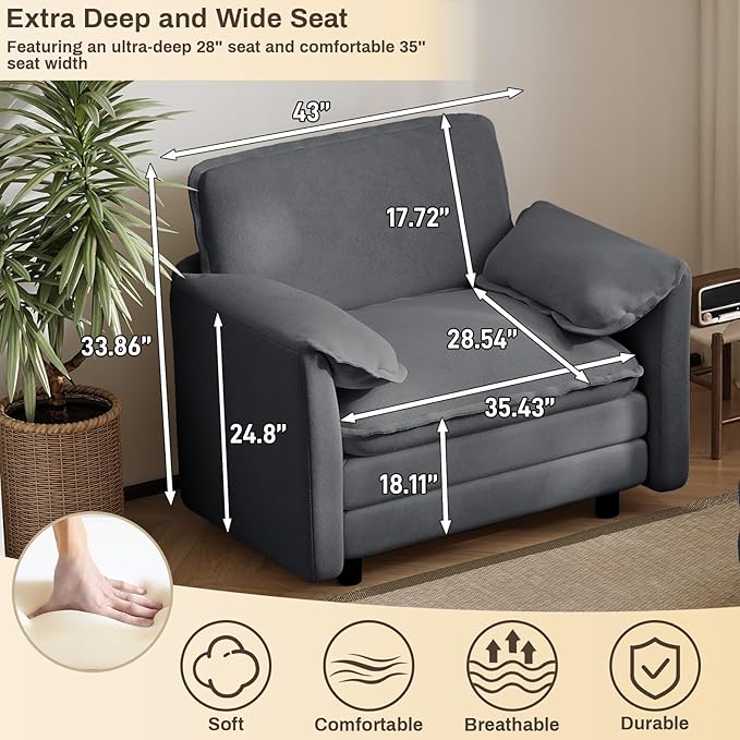 DAMAIFROM Oversized Chaise Lounge Chair Indoor with Ottoman, Firm Solid Wood Frame with Long Service Life Chenille Oversized Lounge Reading Chair for Study Room - Grey