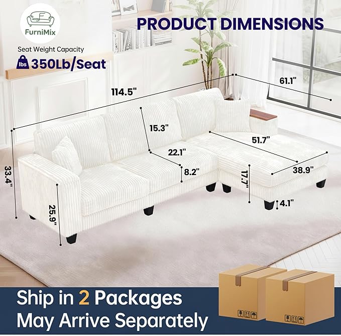 FurniMix 4-Seat Corduroy Sectional Sofa with Swappable Chaise, Soft Upholstery, Wide Seats & Armrest Storage,White