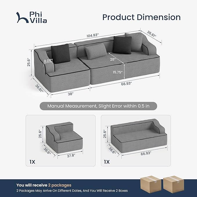 PHI VILLA Cloud Modular Couches, 105" Boneless Sectional Sofa with Deep Seat, 3-Seater Couch for Apartment Living Room Small Spaces, No Assembly Required, Corduroy, Grey