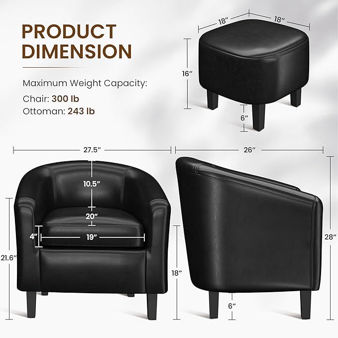 Yaheetech Accent Chair with Ottoman Set, Modern Faux Leather Upholstered Soft Barrel Chair and Footrest, Club Armchair and Footstool for Living Room/Bedroom/Reading Room/Guest Room, Black