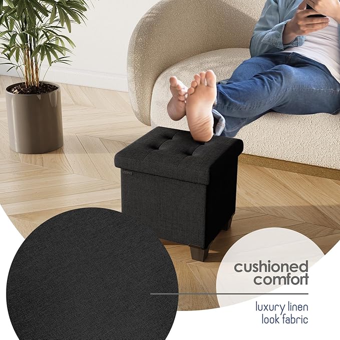 Storage Ottoman Cube with Small Bin, 16-in Square Ottoman with Storage for Living Room and Bedroom, Small Ottomans Foot Rest, Fabric Foot Stools Ottomans Max 330lbs, Black
