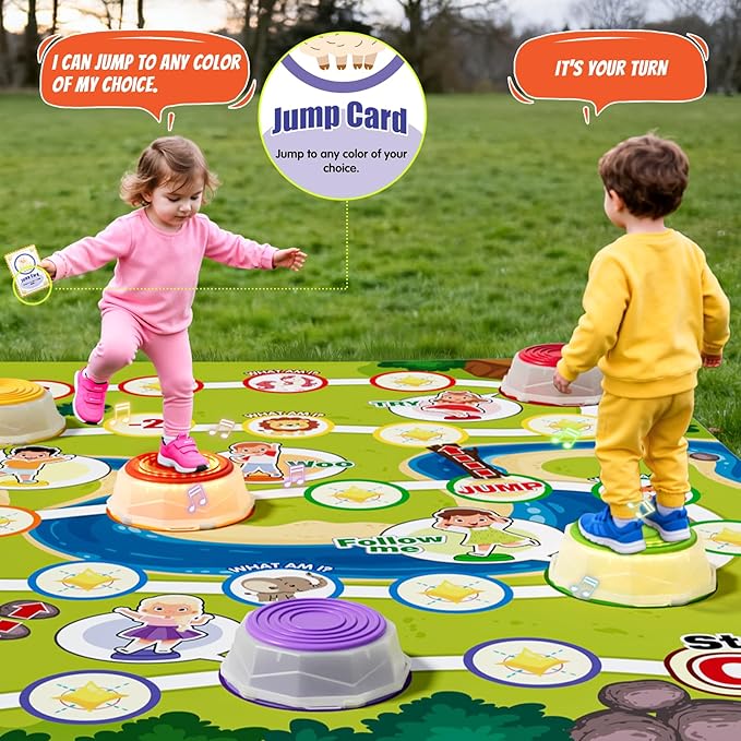 HYES Light Up Stepping Stones for Kids - 6 PCS Non-Slip Musical Stackable Step Stones with Game Map, Toddler Obstacle Course Sensory Toys, Indoor Outdoor 3-5 Years Old Boys Girls Birthday Gifts