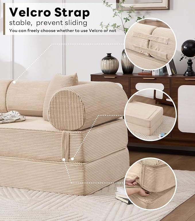 Tbfit 63'' Folding Boneless Couch, Convertible Loveseat Sofa Bed, Corduroy Futon Mattress Sleeper Sofa, Comfy Foldable Upholstered Floor Couches for Living Room, Khaki