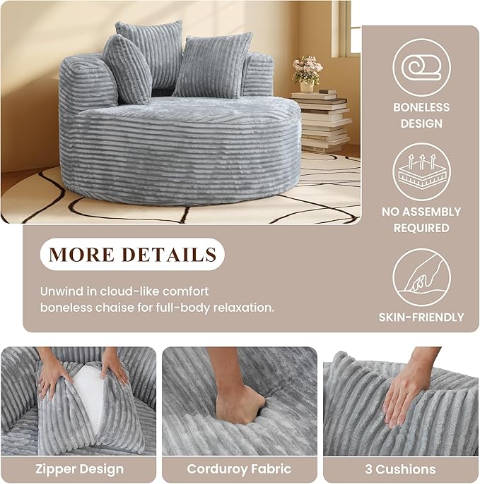 WJShome 50'' Corduroy Single Foam Couches, Oversized Round Chair with Pillows, Circle Chair Sleeper Couch,Modern Sleeper Boneless Sofa for Reading, Gray