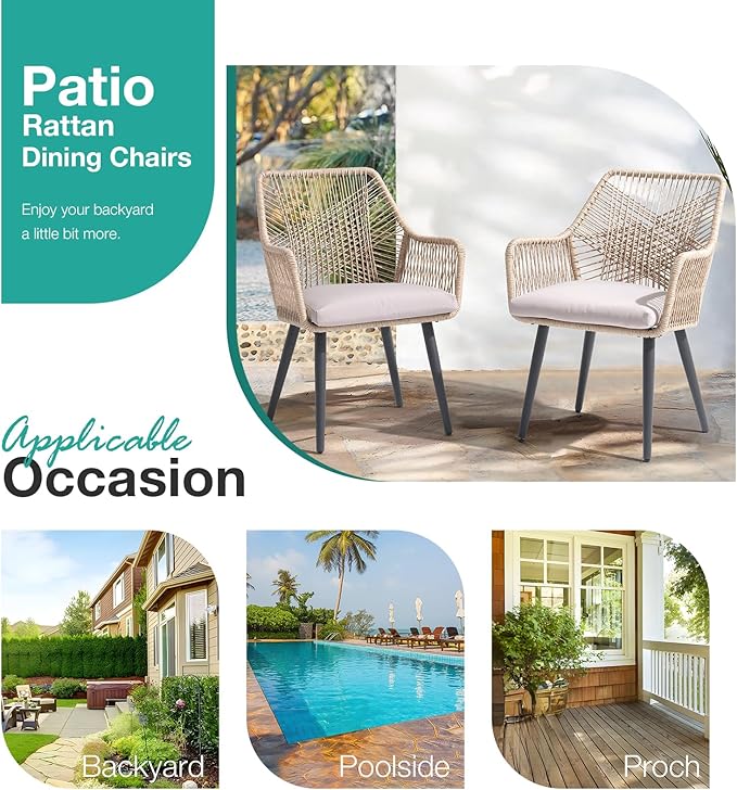 Patiorama Patio Dining Chair Set of 6, Woven Rope Outdoor Dining Chair w/Steel Frame, All-Weather Twisted Rattan Chairs w/Armrest & Cushion, Outdoor Dining Wicker Chairs for Backyard Garden(Beige)